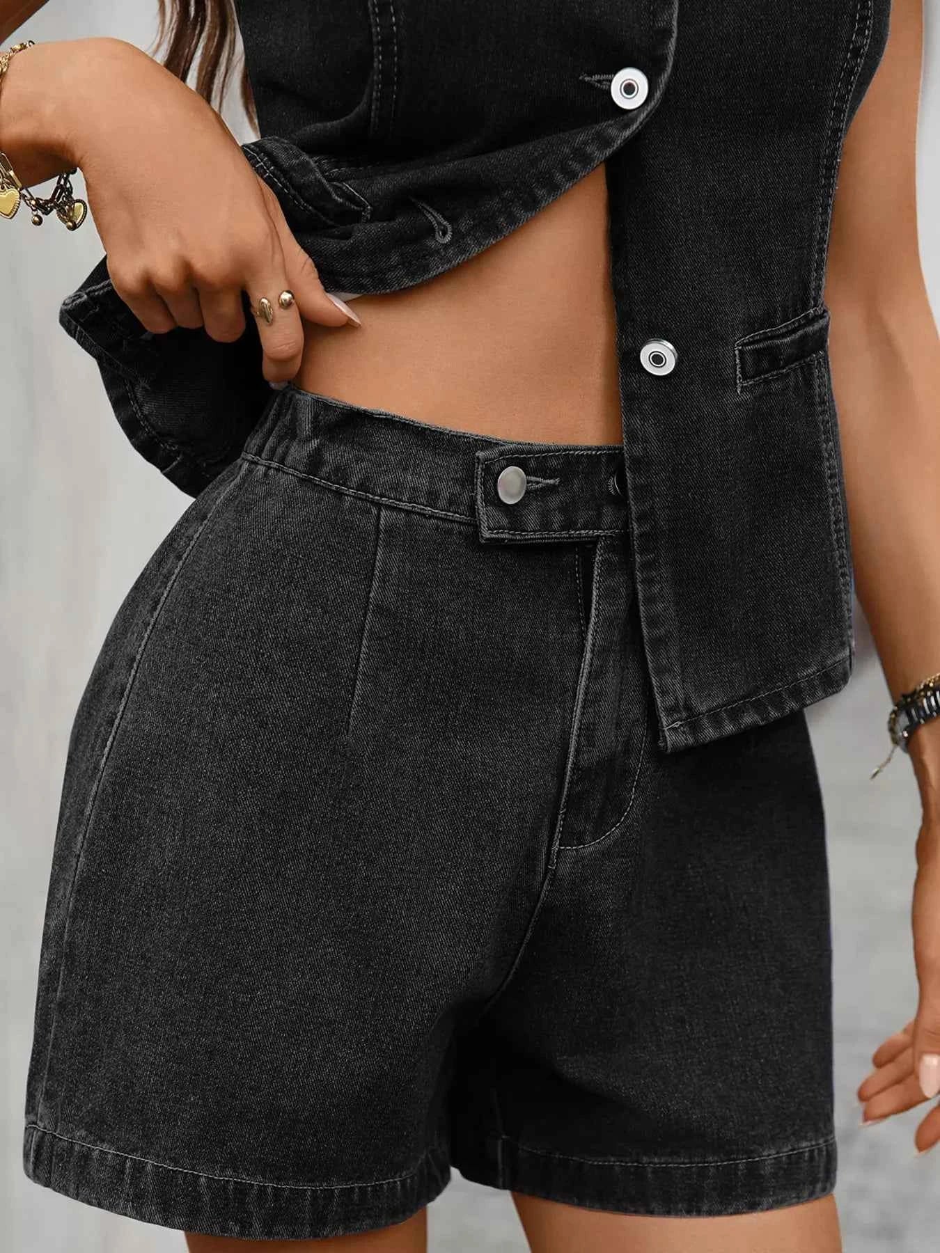 Sarah Express Women's Sleeveless Button-Down Denim Vest & Shorts Two-Piece Set