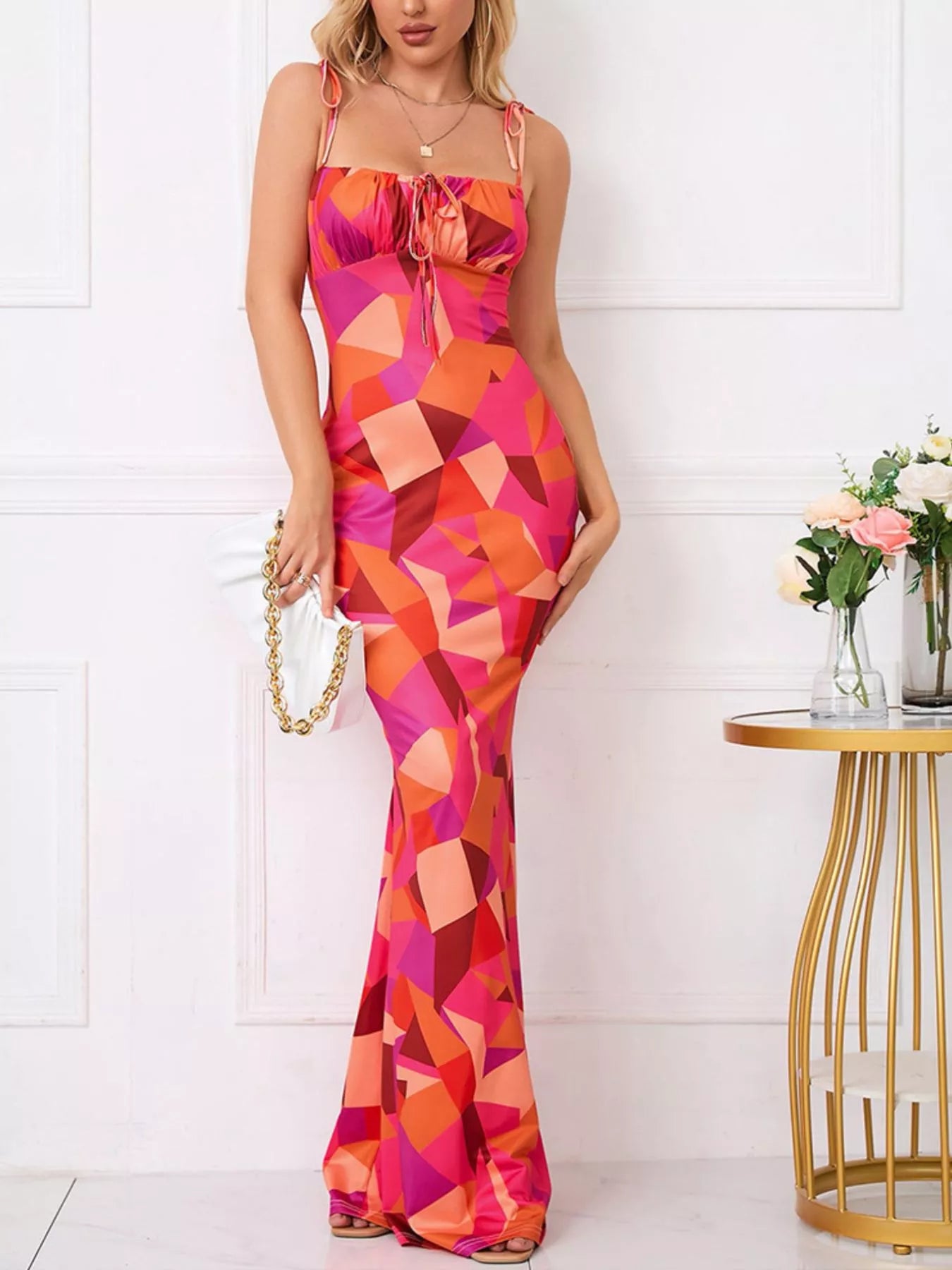 Sarah Express Women's Floral Print Tie Strap Bodycon Maxi Dress Red