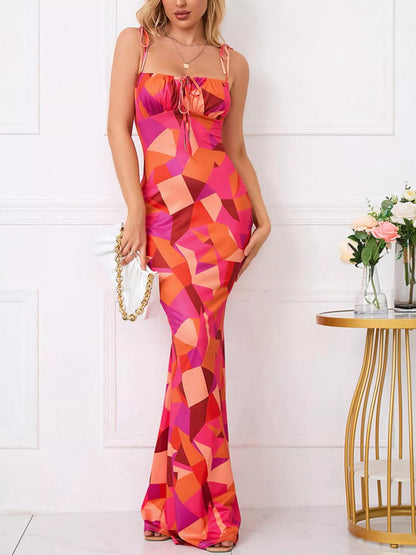 Sarah Express Women's Floral Print Tie Strap Bodycon Maxi Dress Red