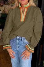 Sarah Express Women's Notched Flounce Sleeve Blouse Moss