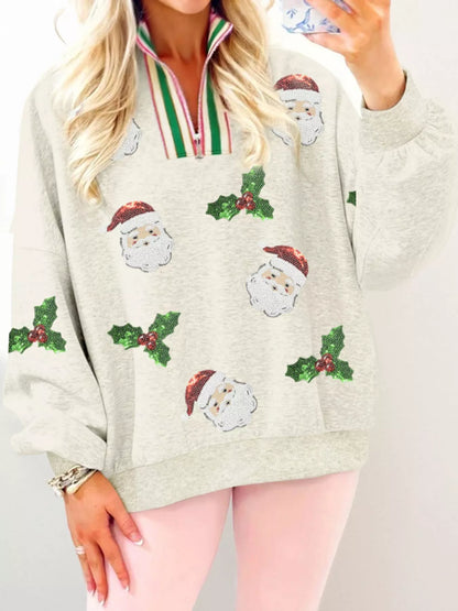 Sarah Express Women's Sequin Santa Christmas Sweatshirt - Holly Patched Striped Trim Zip V Neck Ivory