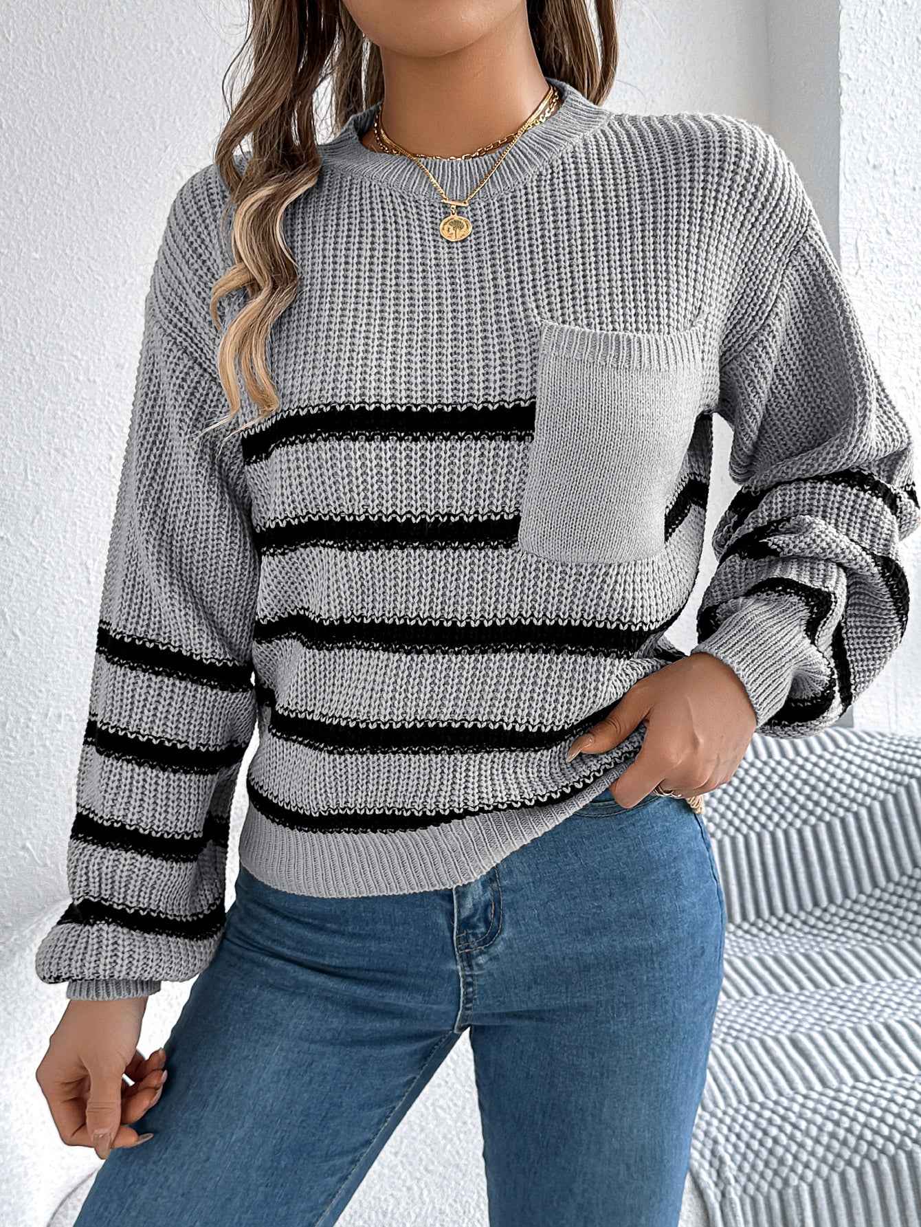 Sarah Express Women's Color Block Stripe Lantern Sleeve Pullover Sweater - Casual Knit Top Gray