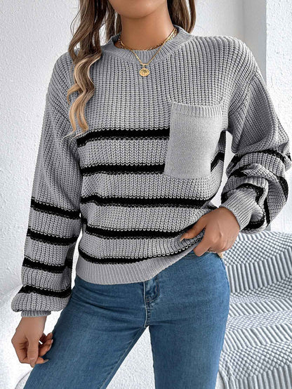 Sarah Express Women's Color Block Stripe Lantern Sleeve Pullover Sweater - Casual Knit Top Gray