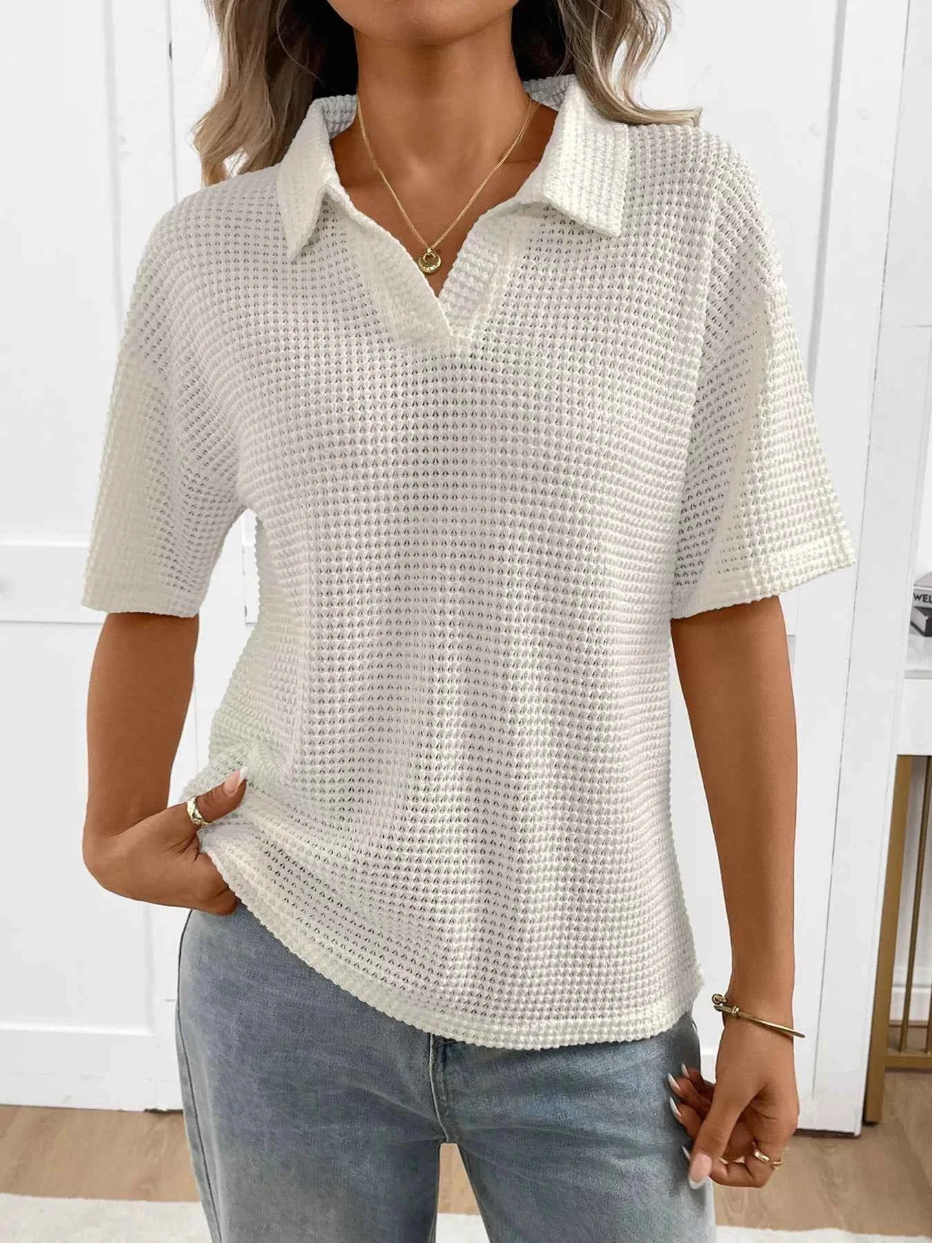 Sarah Express Women's Striped Waffle Knit Short Sleeve Top