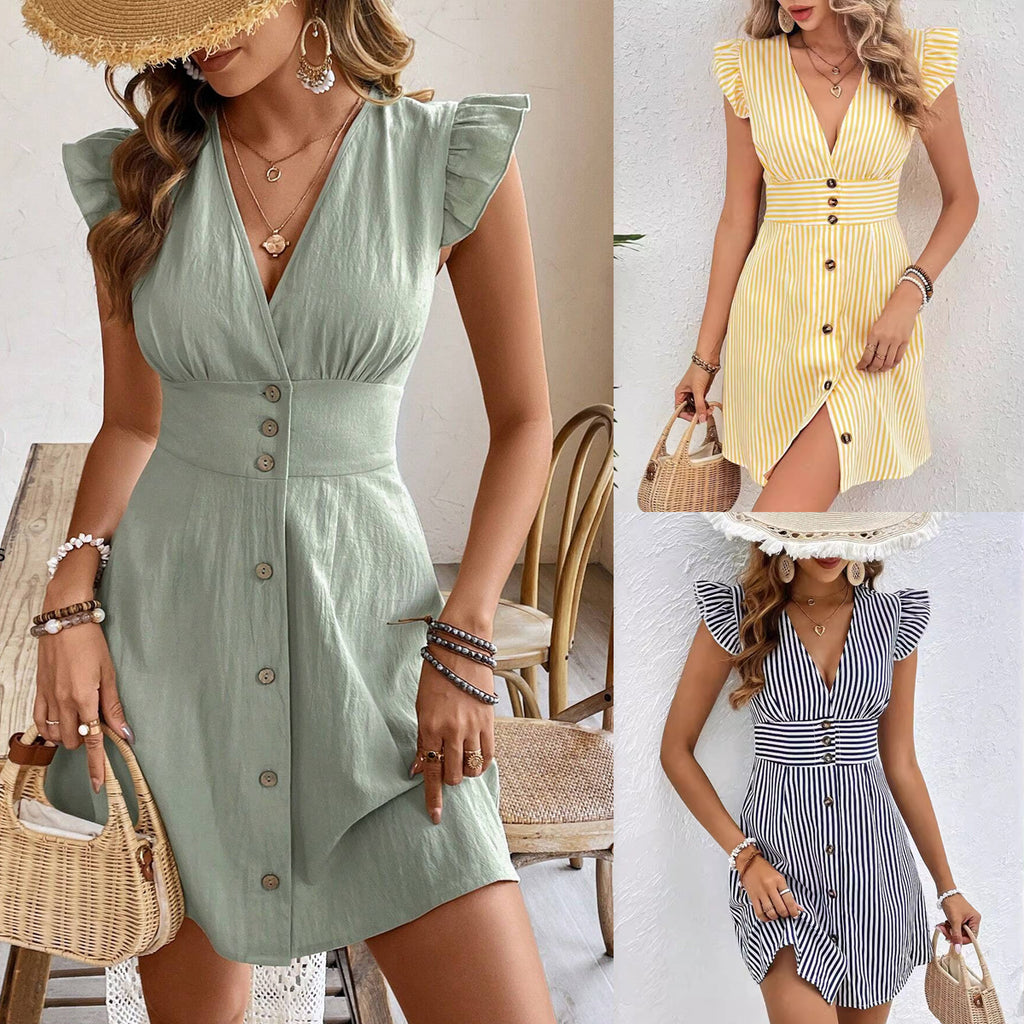 Sarah Express Women's V-Neck Button Front Flutter Sleeve Stripe Print Dress