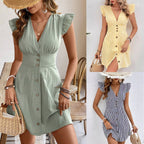 Sarah Express Women's V-Neck Button Front Flutter Sleeve Stripe Print Dress