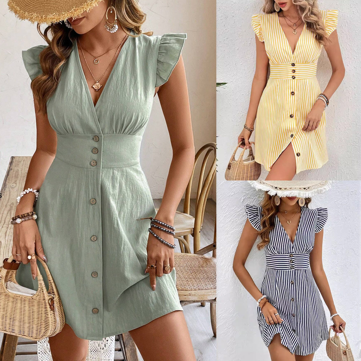 Sarah Express Women's V-Neck Button Front Flutter Sleeve Stripe Print Dress