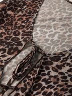 Sarah Express Women's Leopard Sheer Mesh Long Sleeve V Neck Lace-Up Blouse