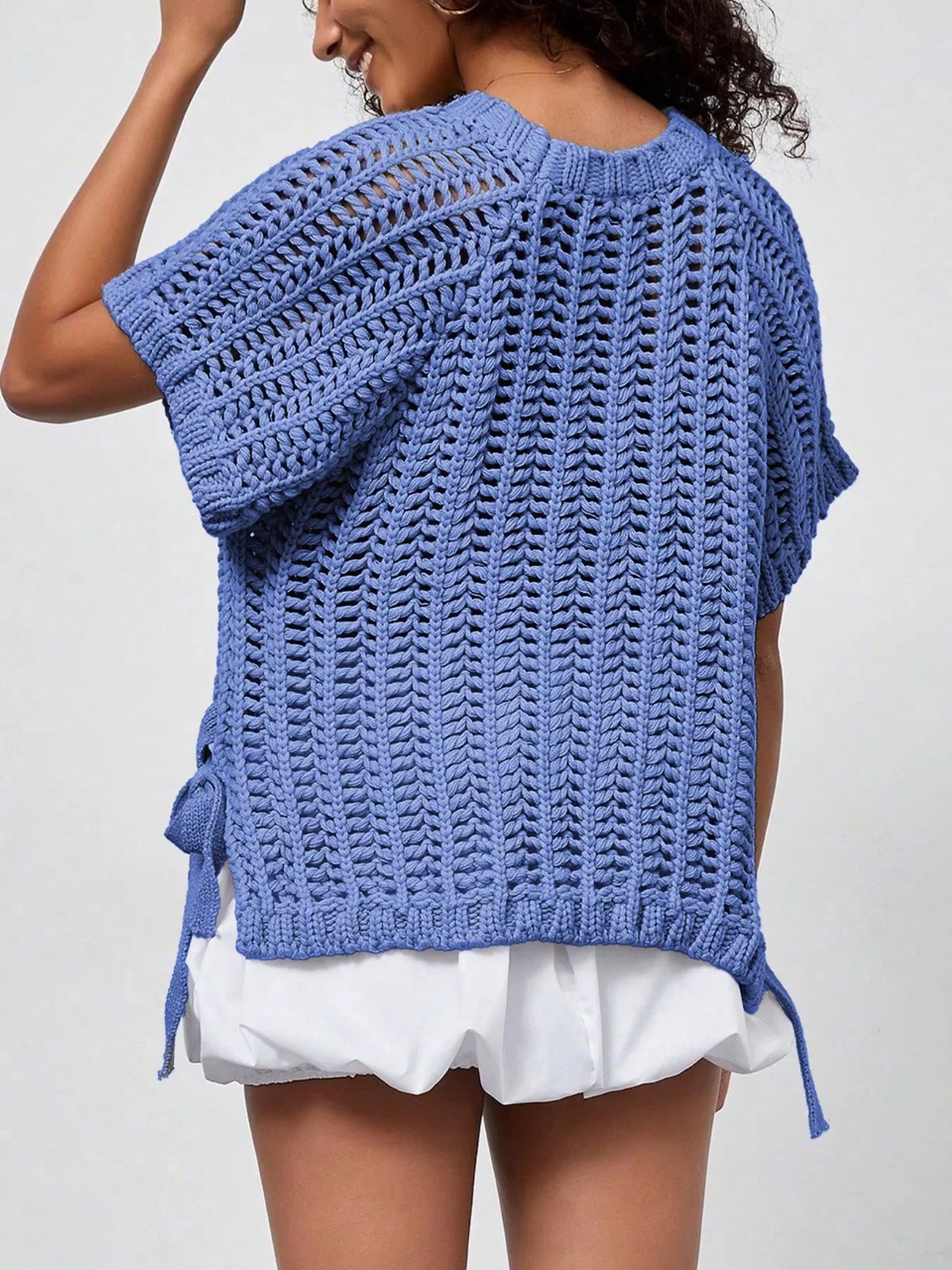 Sarah Express Women's Plus Size Open Knit Bow Tie Short Sleeve Sweater