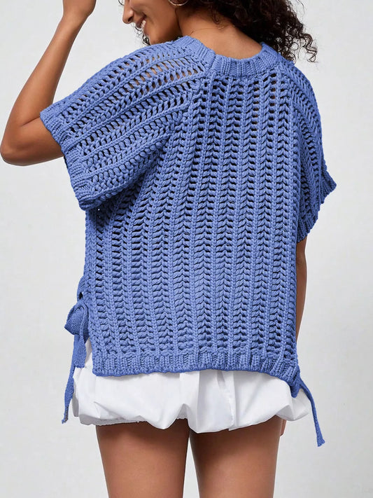 Sarah Express Women's Plus Size Open Knit Bow Tie Short Sleeve Sweater