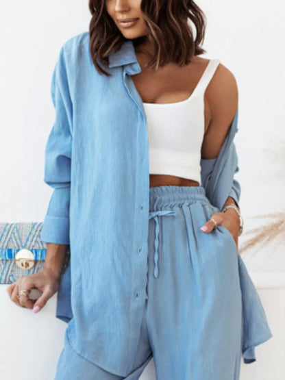 Sarah Express Women's Plus Size Button Up Shirt and Pants Two-Piece Set - Relaxed Fit Casual Outfit