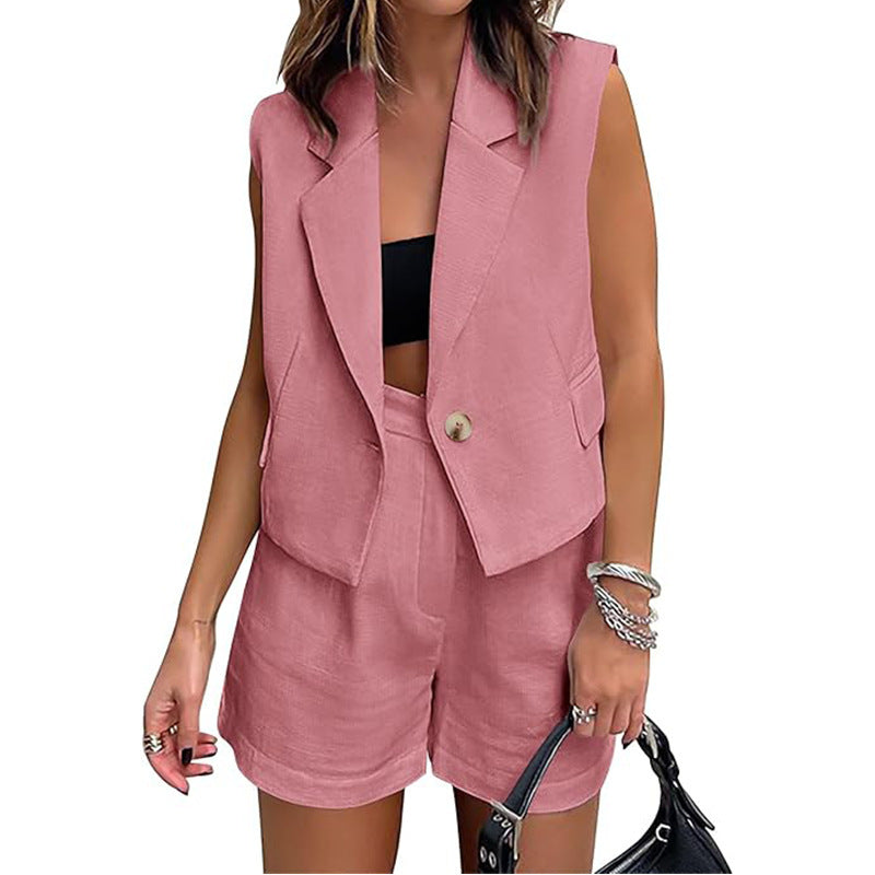 Sarah Express Sleeveless Button Vest High-Waist Shorts Two-Piece Set