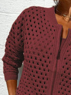 Sarah Express Women's Full Size Zip Up Long Sleeve Cardigan with Eyelet Detail Plus Size