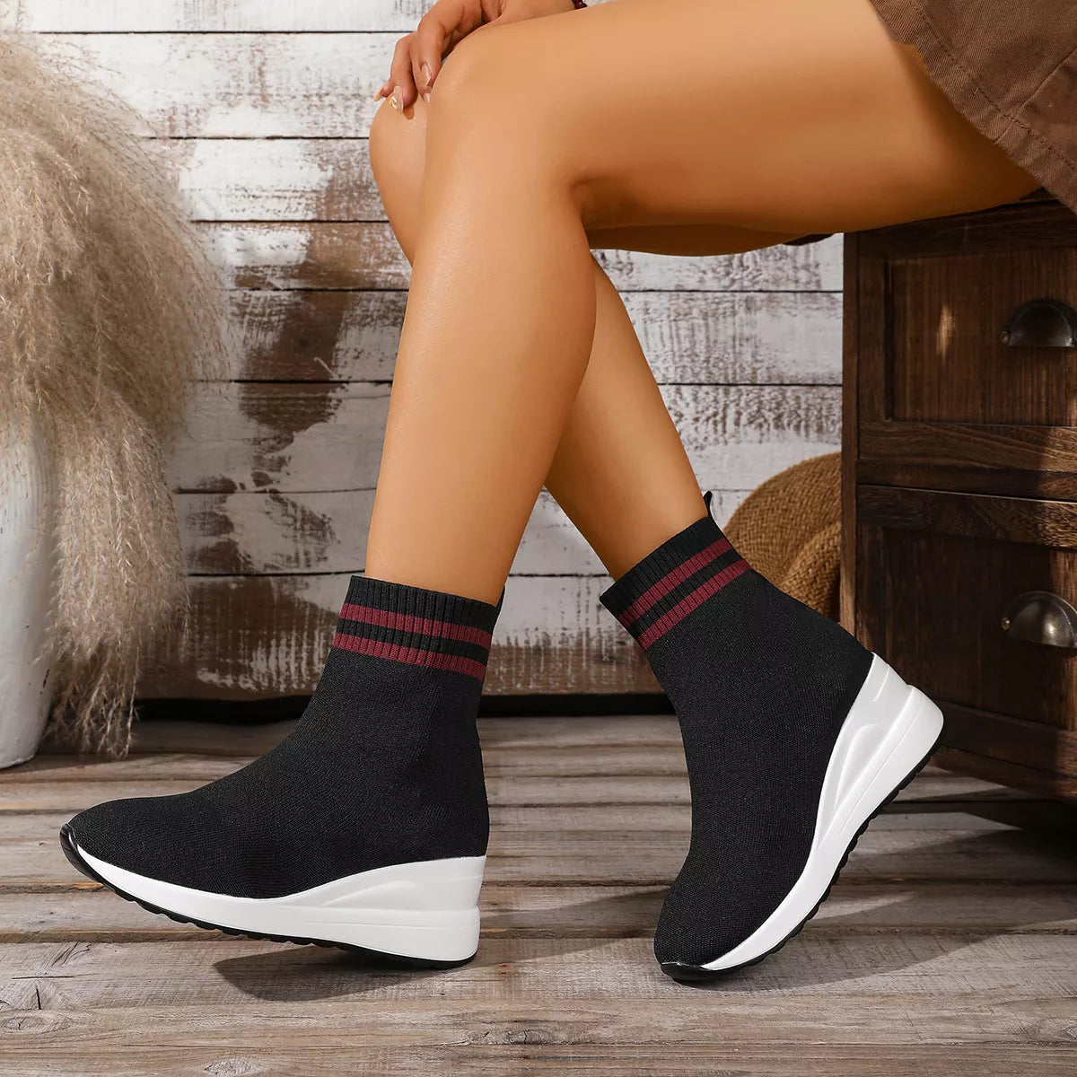 Sarah Express Women's Breathable Mesh Ankle Boots - Mid Heel Casual Boots Blackish Red