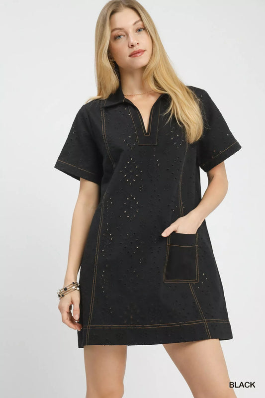 Sarah Express Women's Eyelet Short Sleeve Shift Dress with Pockets Black