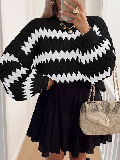 Sarah Express Women's Textured Striped Round Neck Sweater Plus Size