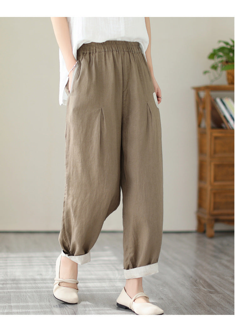 Sarah Express Women's High Waist Cropped Pants Loose Fit Cotton Linen - Casual Plus Size Ankle Length