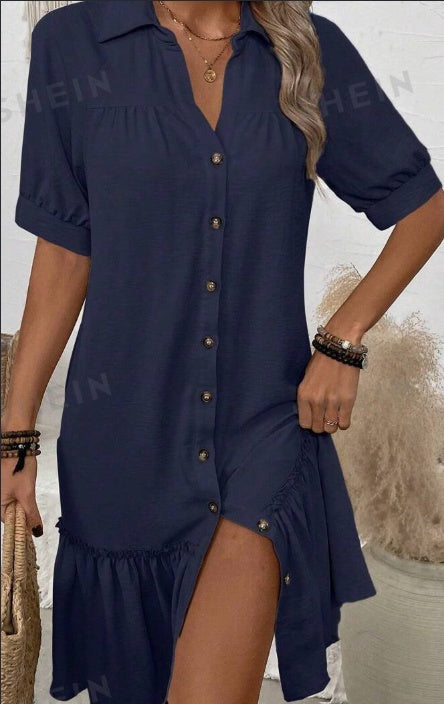 Sarah Express Women's Button-Up Shirt Dress Turn-Down Collar Ruffle Hem