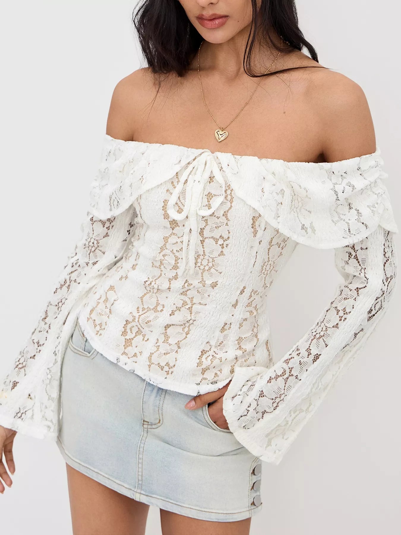 Sarah Express Women's Off-Shoulder Lace Blouse - Sheer Tied Detail