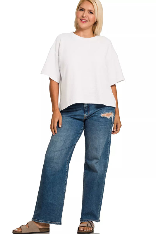 Sarah Express Women's Plus Size Double Knit Hi-Low Top with Side Slits - Relaxed Fit Short Sleeve