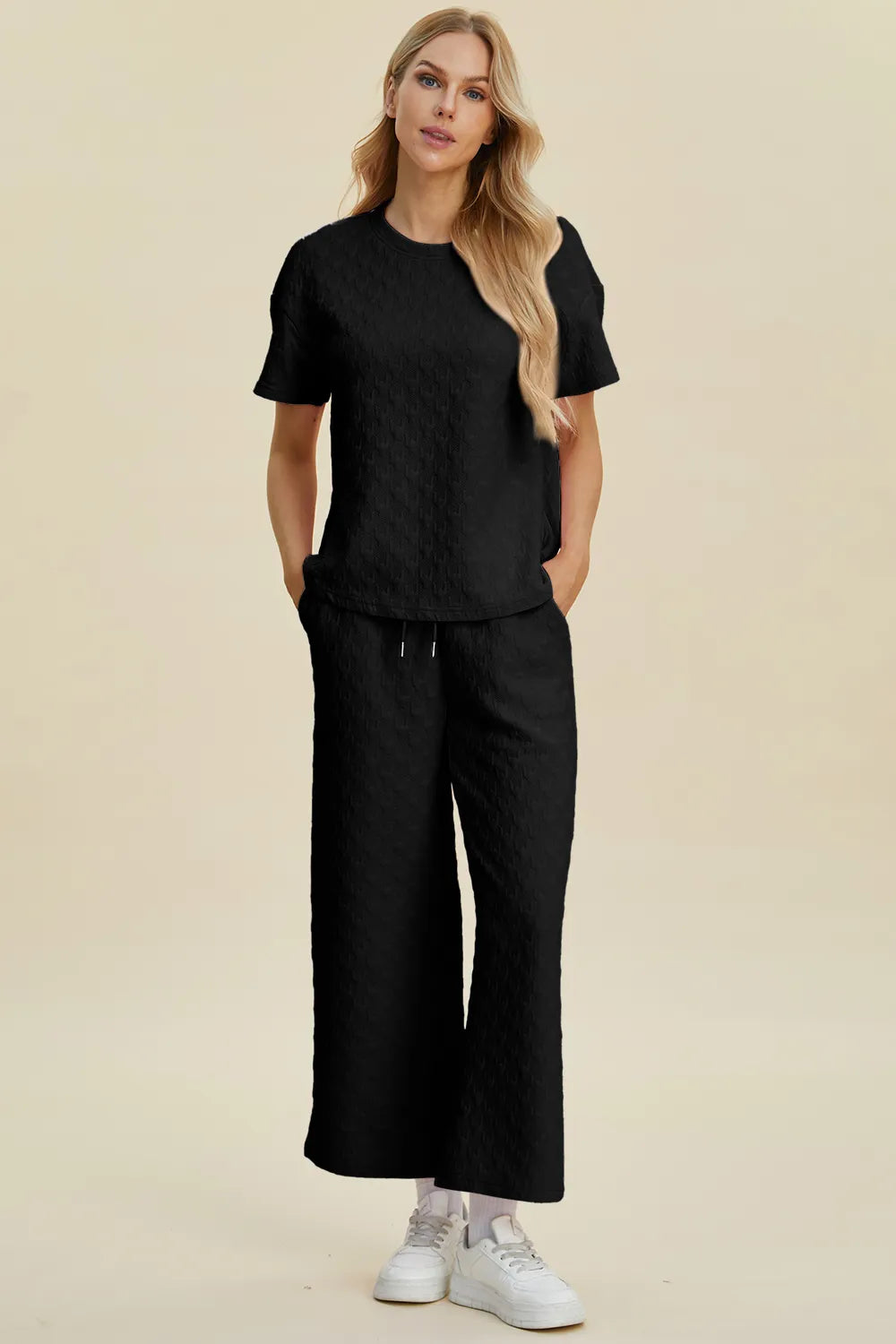 Sarah Express Women's Textured Round Neck Short Sleeve Top and Pants Set Black