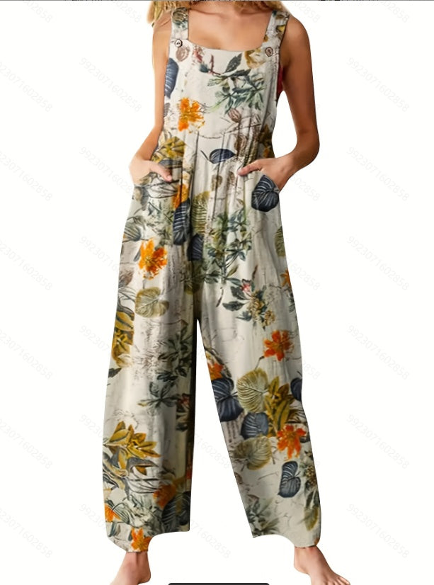 Sarah Express Women's Ethnic Print Jumpsuit Suspender Sleeveless Button Front
