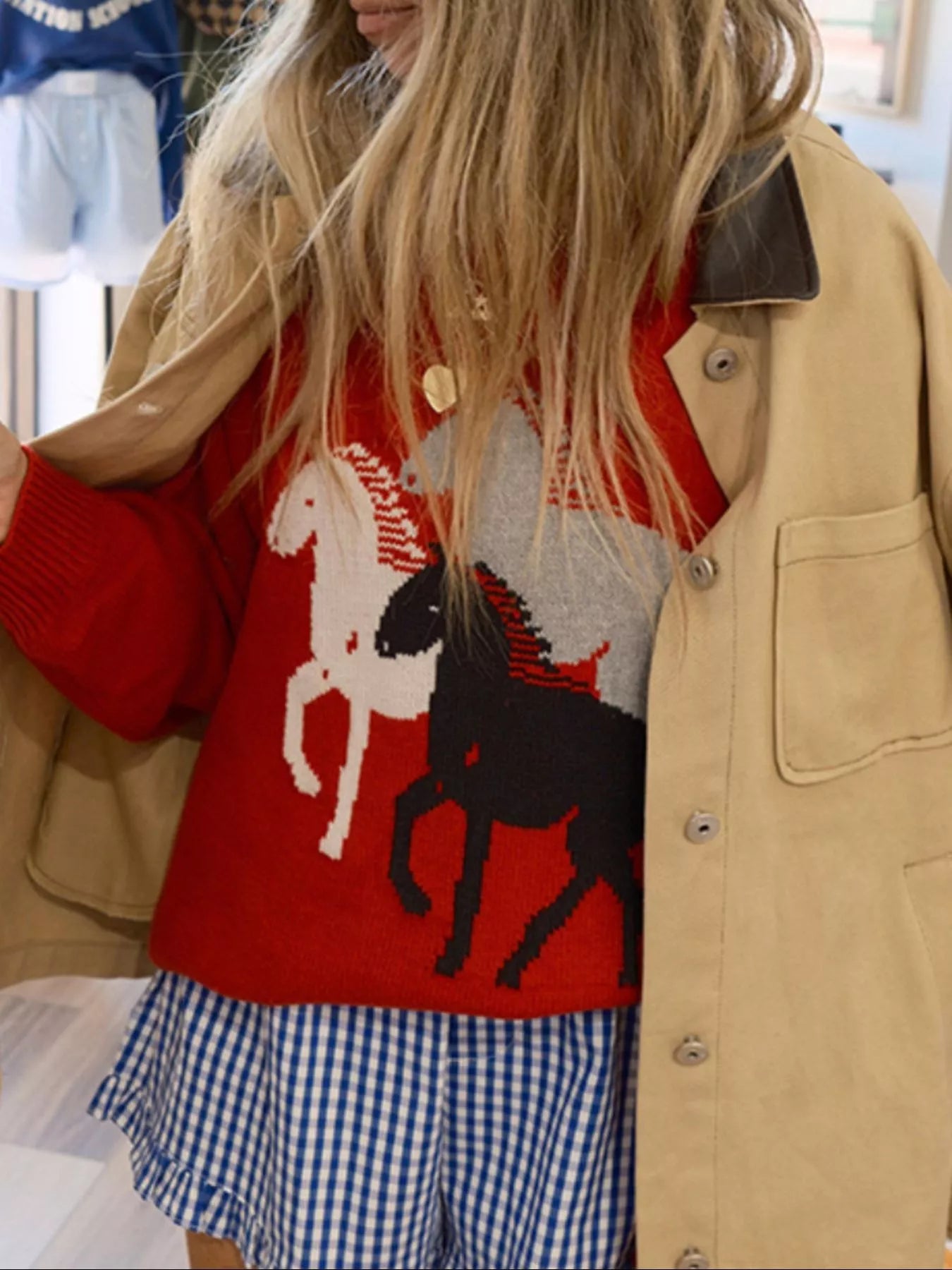 Sarah Express Women's Horse Print Round Neck Long Sleeve Sweater