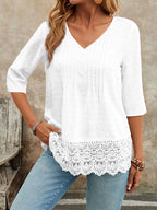 Sarah Express Women's Lace Hem V-Neck Blouse White