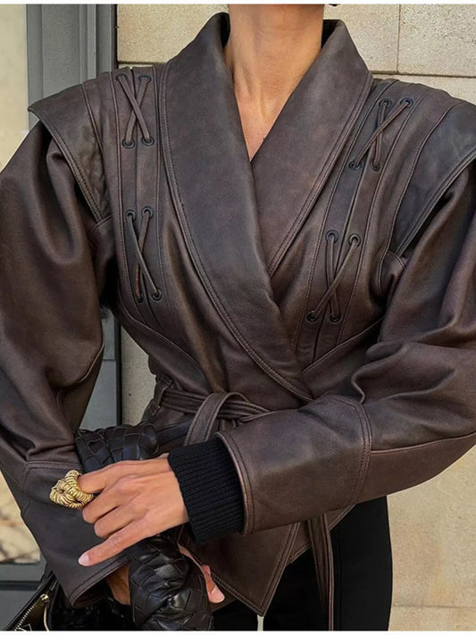 Sarah Express Women's Vintage Style Tie Waist Leather Jacket