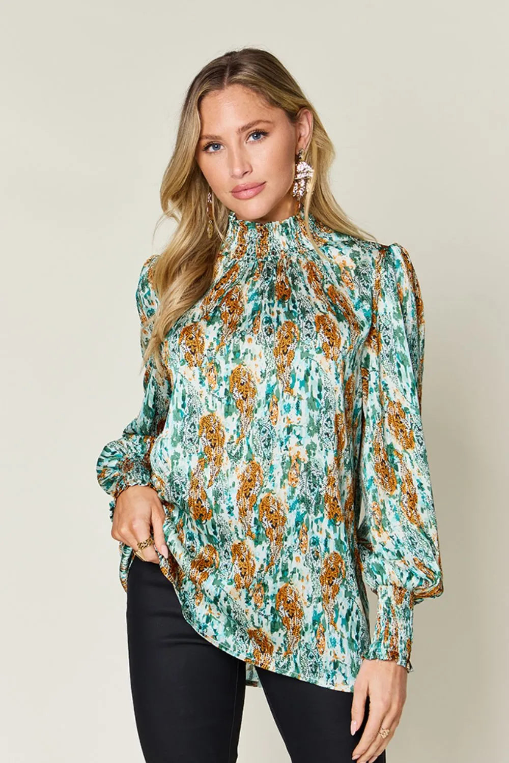 Sarah Express Women's Printed Smocked Long Sleeve Blouse Green