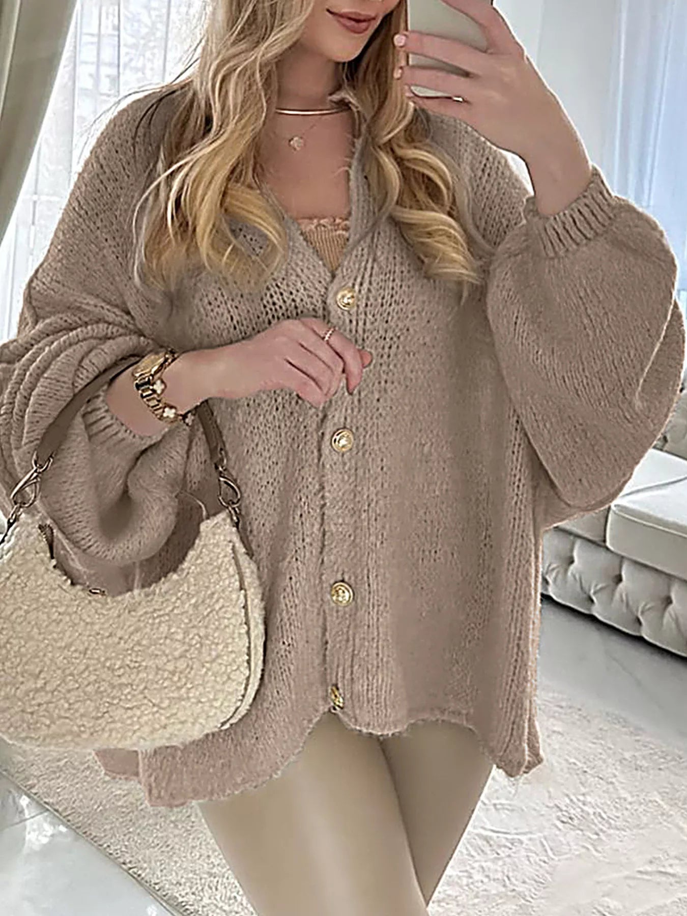 Sarah Express Women's Oversized Knit Button Up Cardigan Khaki
