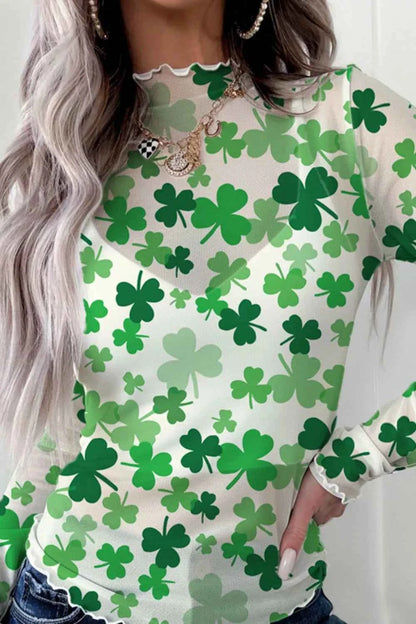 Sarah Express Women's Lettuce Trim High Neck Mesh Long Sleeve Top