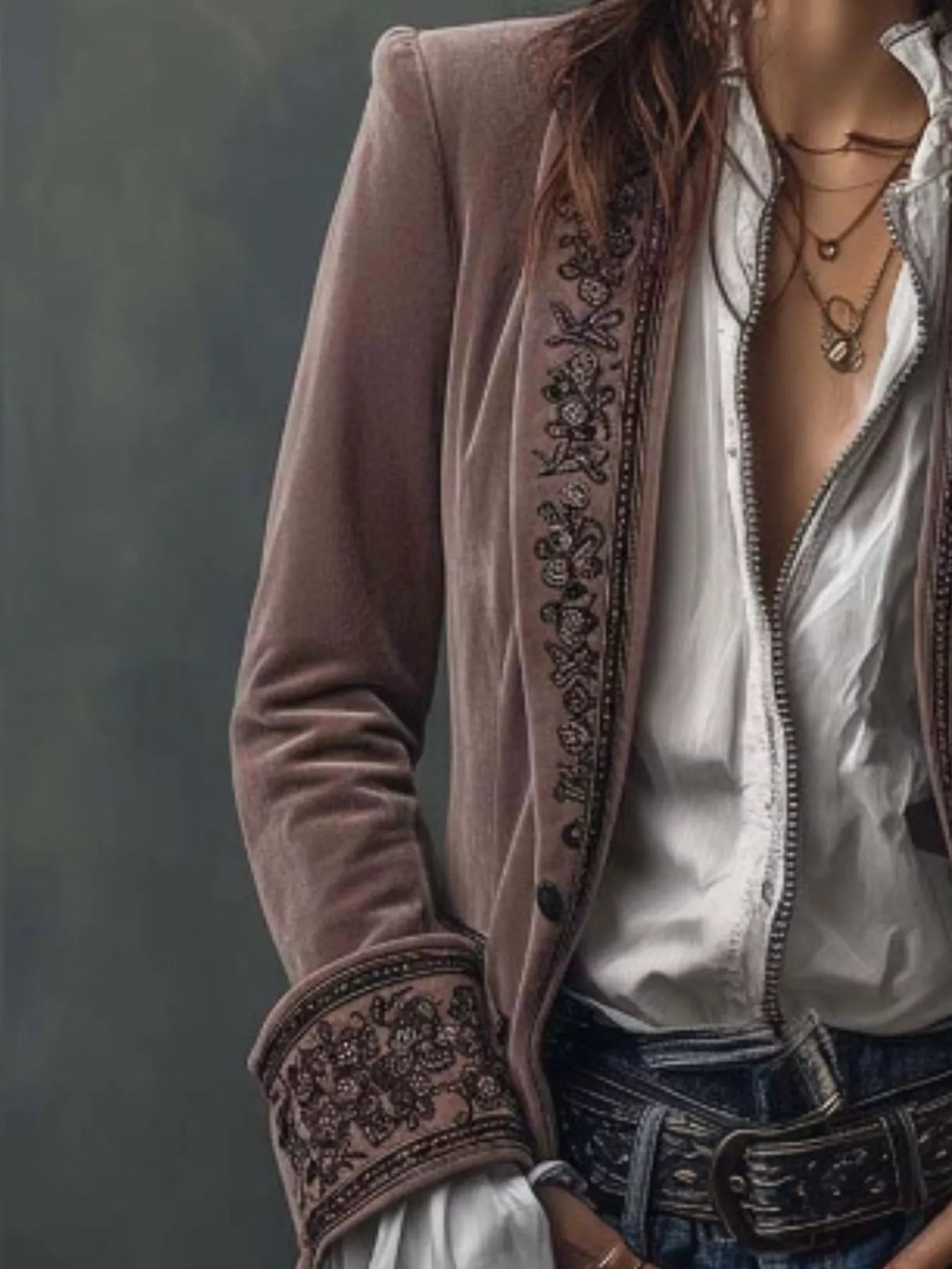 Sarah Express Women's Embroidered Velvet Jacket - Long Sleeve Outerwear