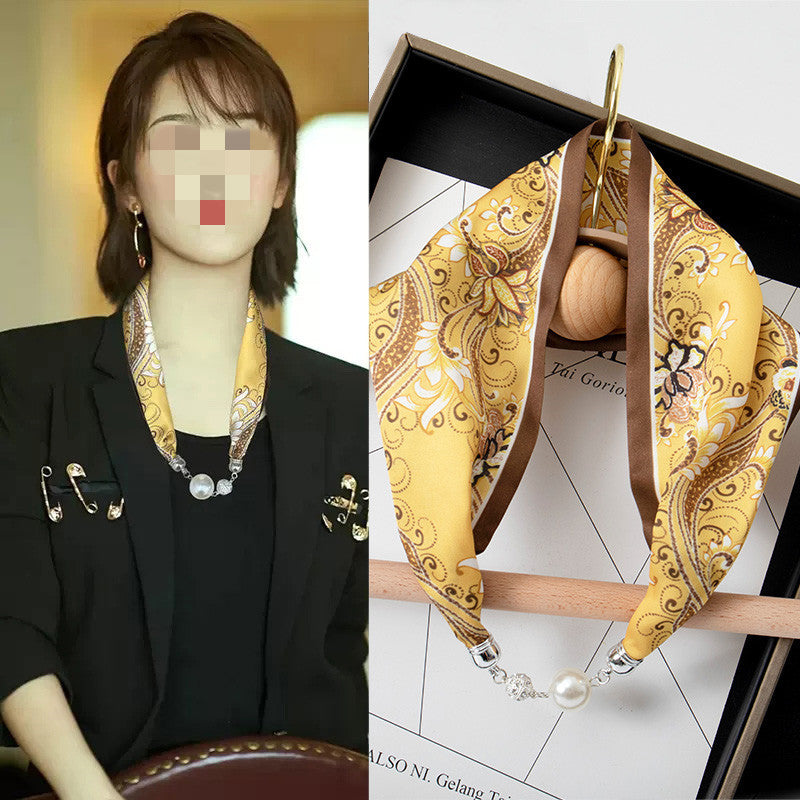 Sarah Express Magnetic Buckle Silk Scarf with Pearl Detail Women's Rectangular Necklace Scarf