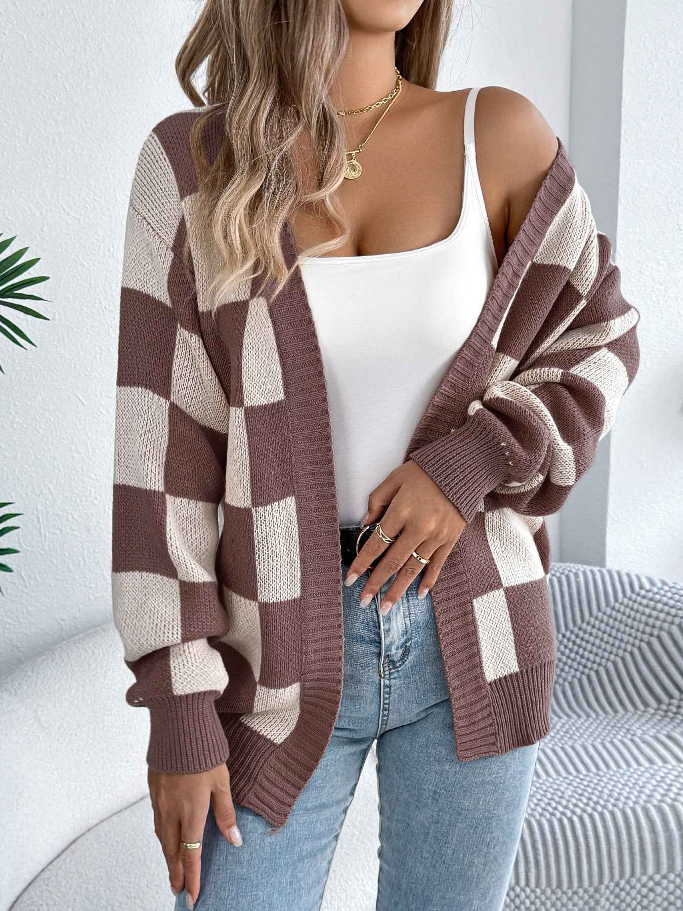 Sarah Express Women's Color Block Plaid Cardigan Sweater - Lantern Sleeve Mid-Length Knit Coat