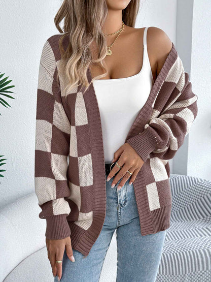 Sarah Express Women's Color Block Plaid Cardigan Sweater - Lantern Sleeve Mid-Length Knit Coat