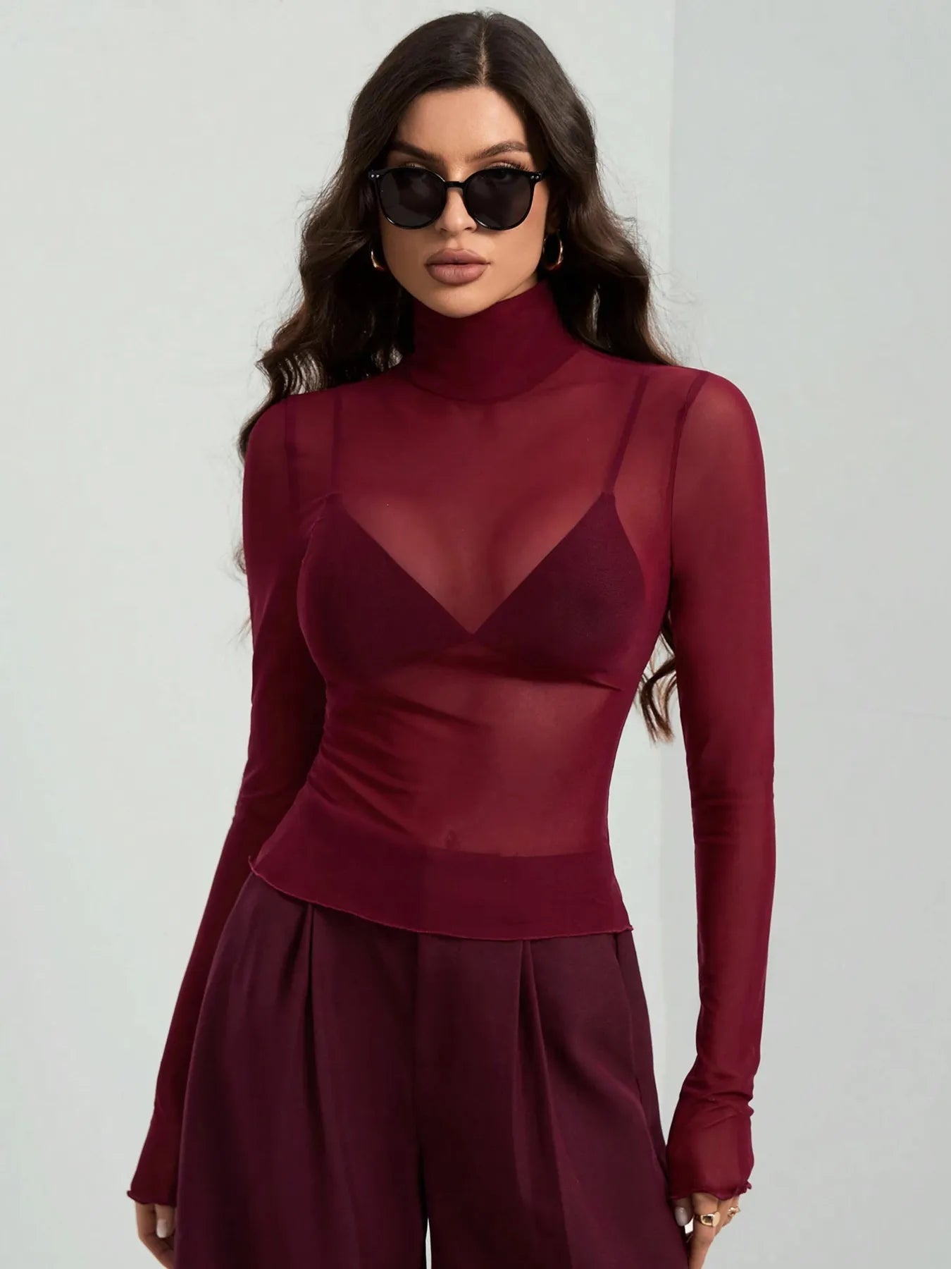 Sarah Express Women's Sheer Turtleneck Long Sleeve Top Wine Red