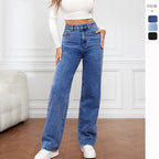 Sarah Express Women's Mid-Waist Straight Leg Jeans - Washed Cotton Denim S-5XL Available in 9 Colors