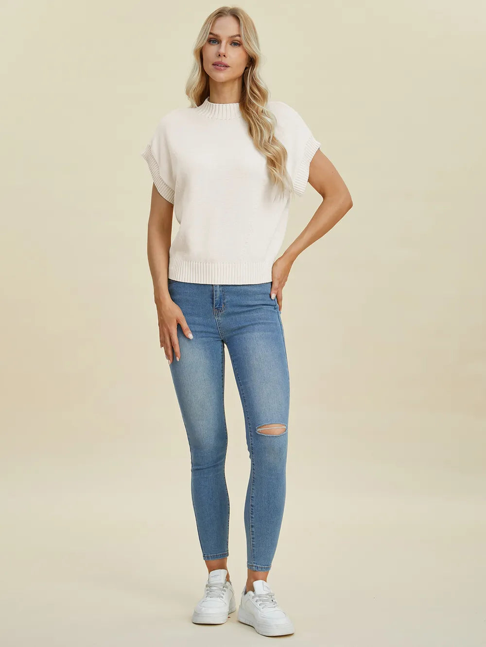 Sarah Express Women’s Plus Size Short Sleeve Mock Neck Viscose Sweater
