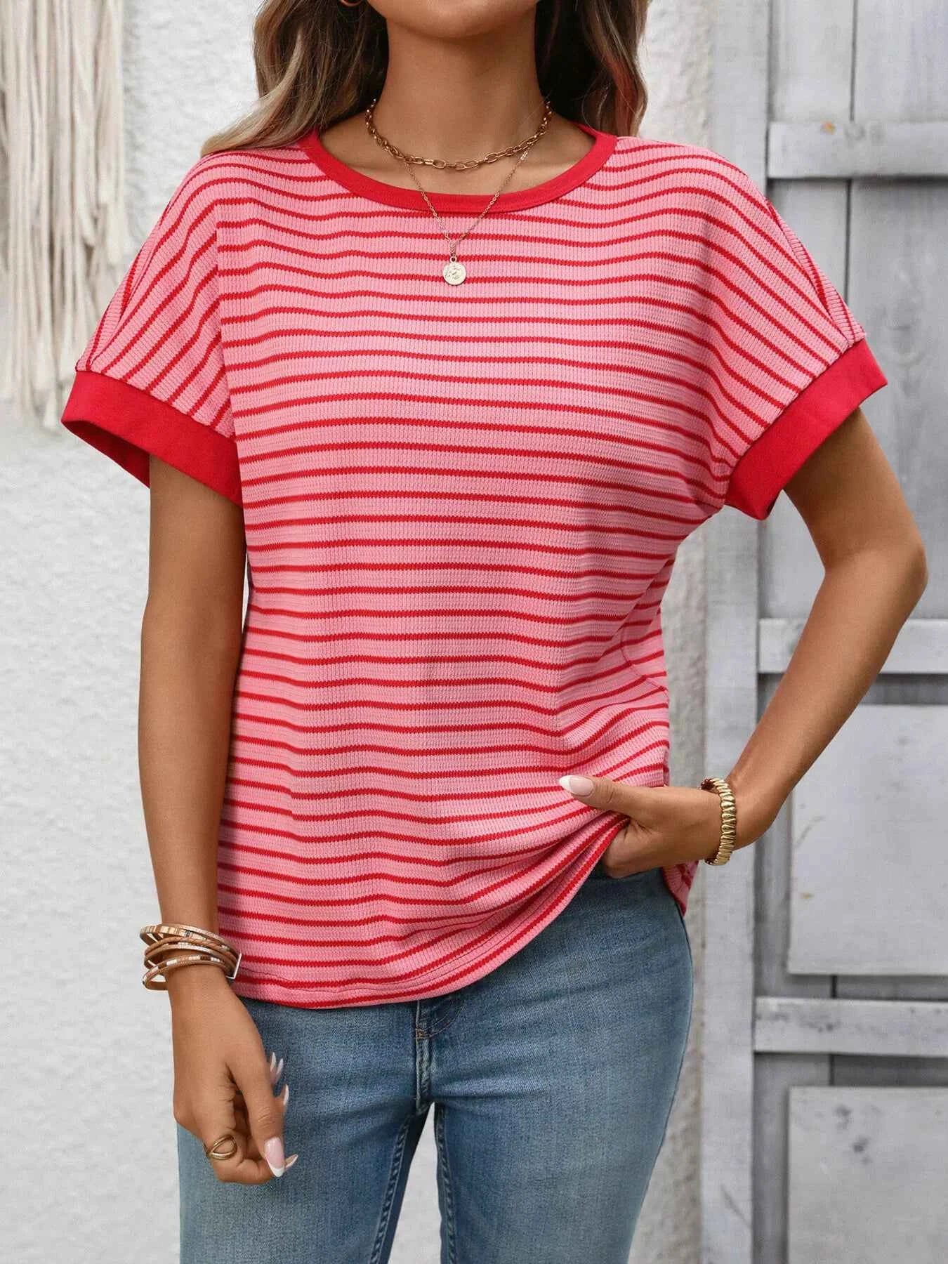 Sarah Express Women's Striped Ribbed Knit Short Sleeve T-Shirt