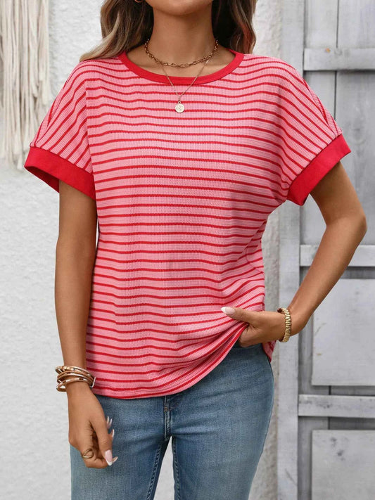 Sarah Express Women's Striped Ribbed Knit Short Sleeve T-Shirt