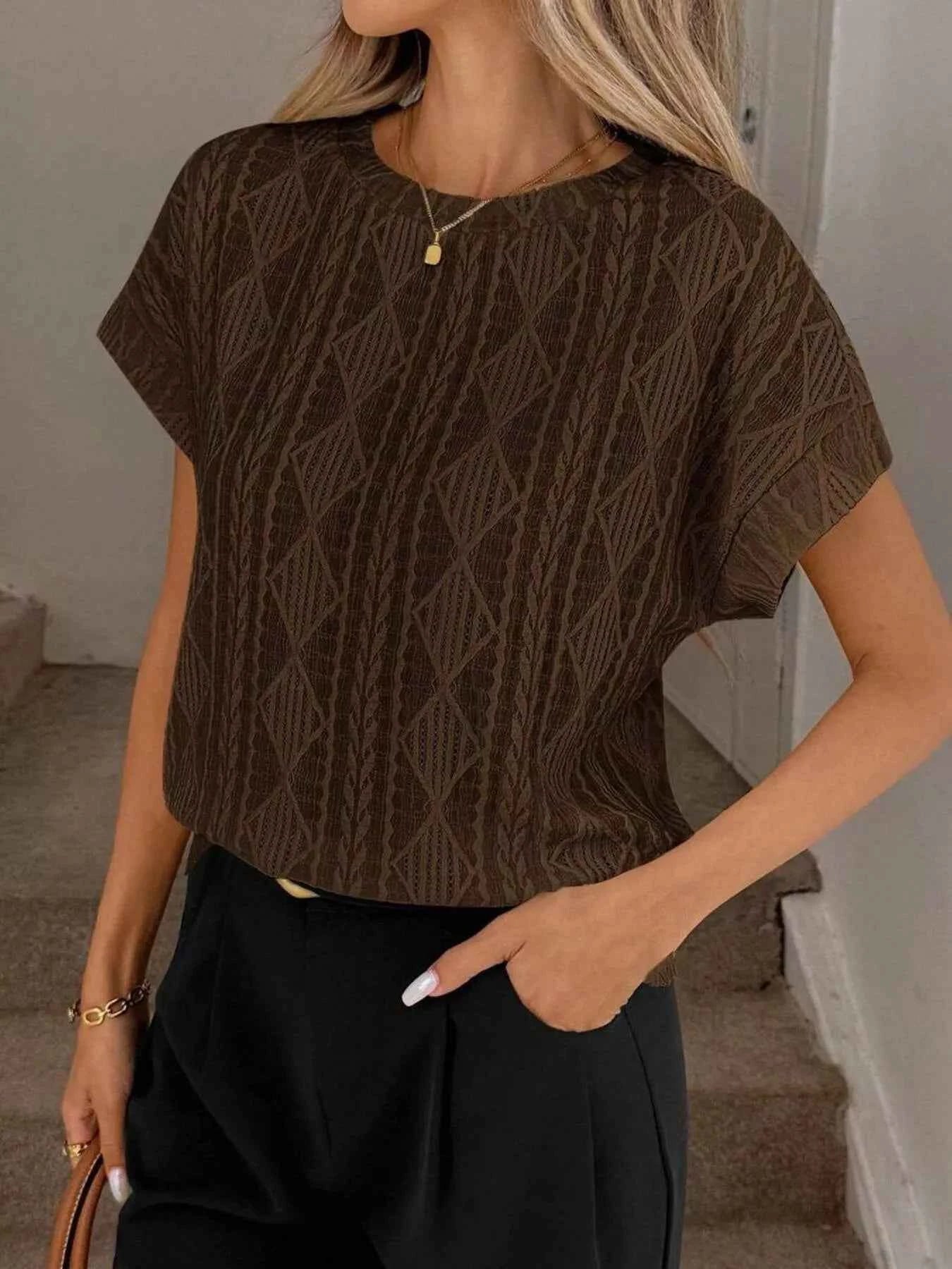 Sarah Express Women's Diamond Pattern Round Neck Top - Short Sleeve Knit Blouse