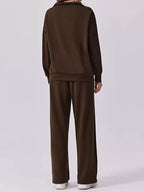 Sarah Express Women's Zip Collar Dropped Shoulder Top and Pants Set