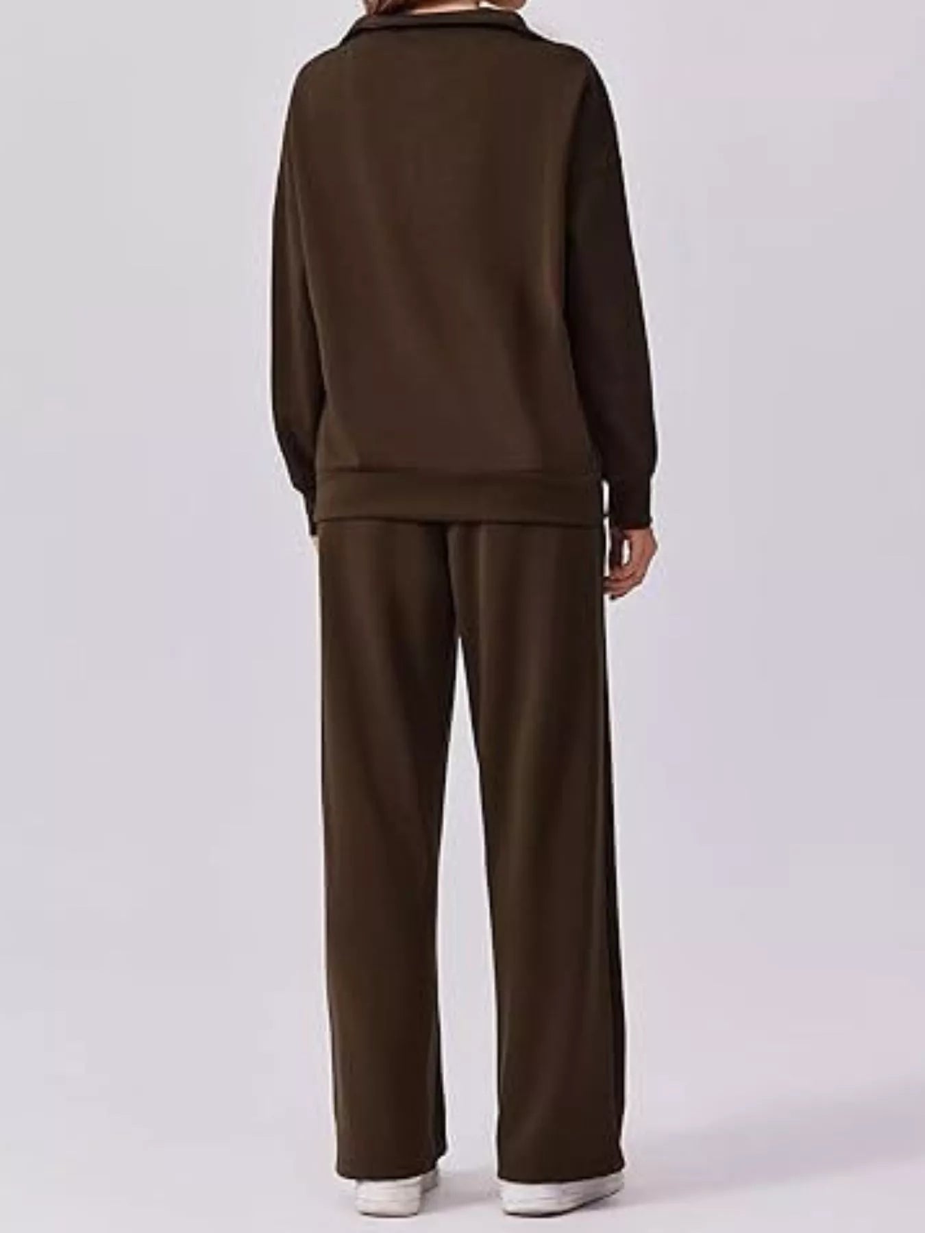 Sarah Express Women's Zip Collar Dropped Shoulder Top and Pants Set