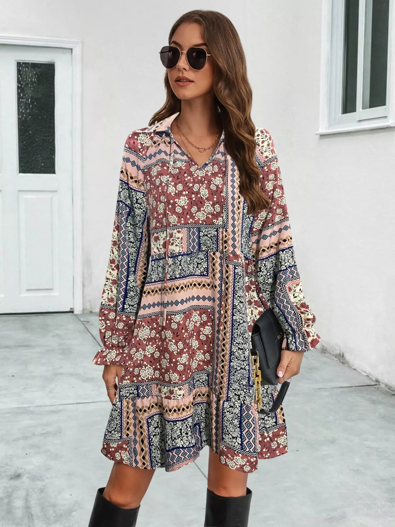 Sarah Express Women's Boho Floral Print Long Sleeve Mini Dress
