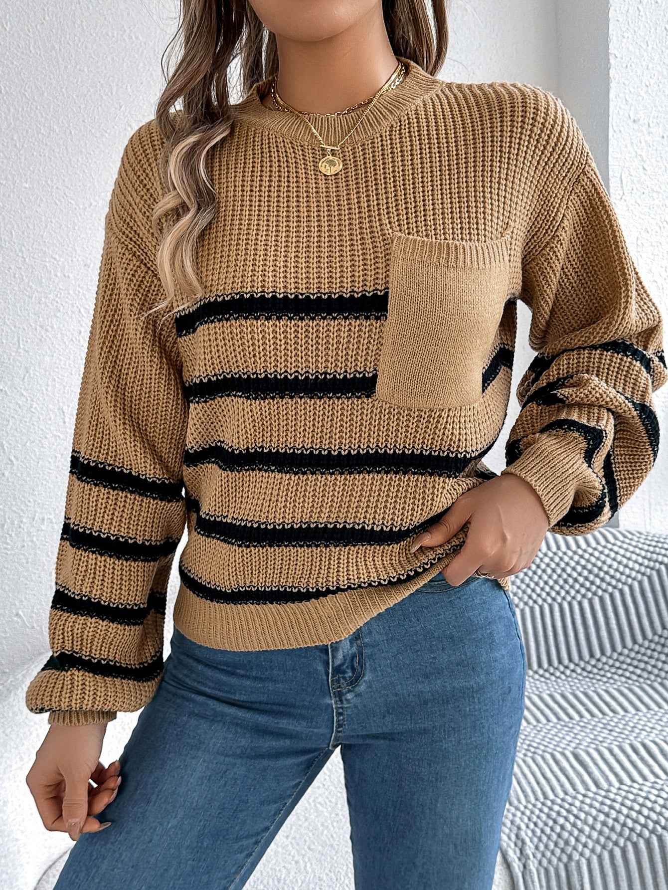 Sarah Express Women's Color Block Stripe Lantern Sleeve Pullover Sweater - Casual Knit Top Khaki