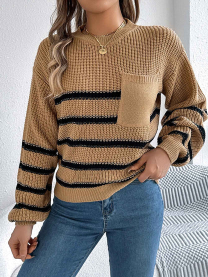 Sarah Express Women's Color Block Stripe Lantern Sleeve Pullover Sweater - Casual Knit Top Khaki