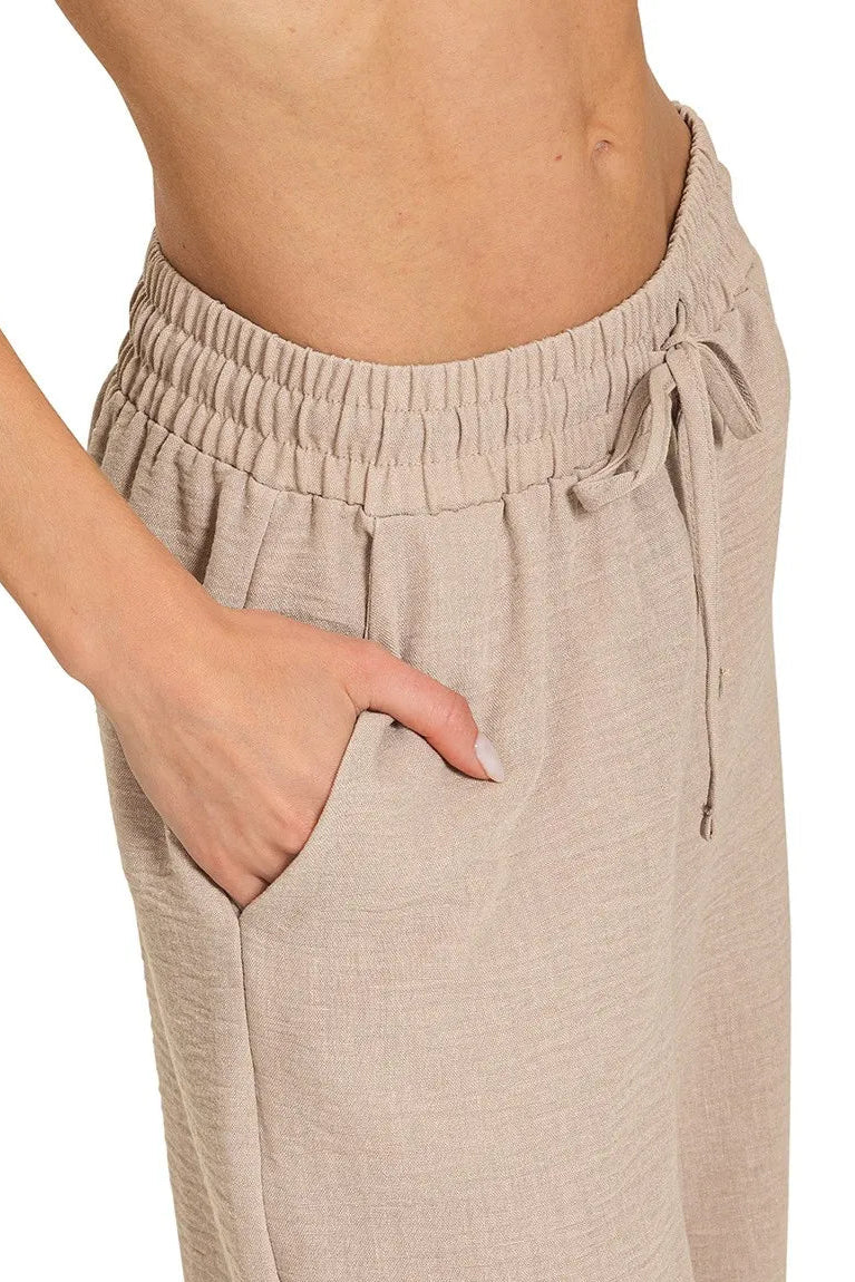 Sarah Express Women’s Woven Crepe Wide Leg Pants with Elastic Waist