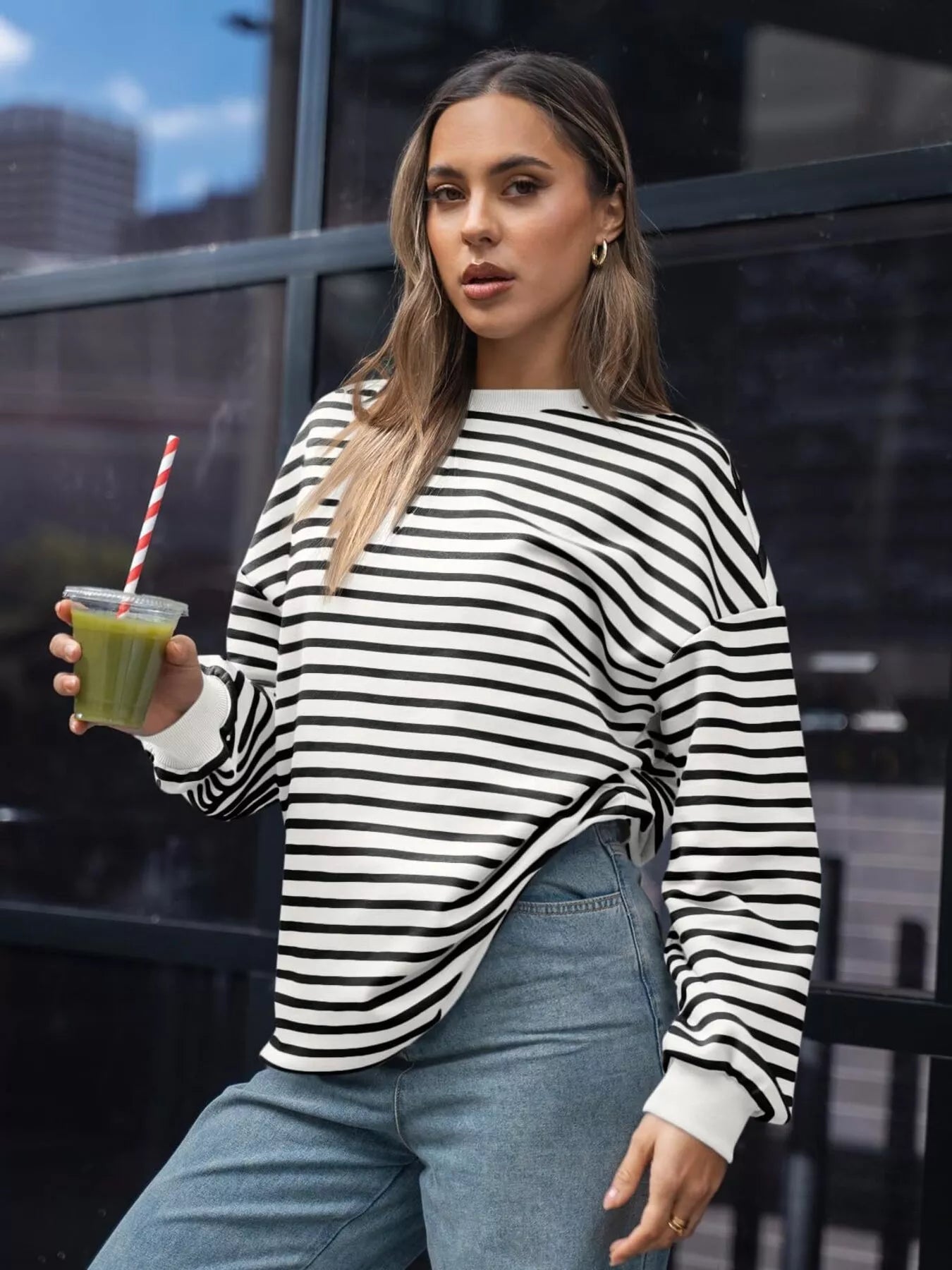 Sarah Express Women's Striped Round Neck Oversized Casual Sweatshirt