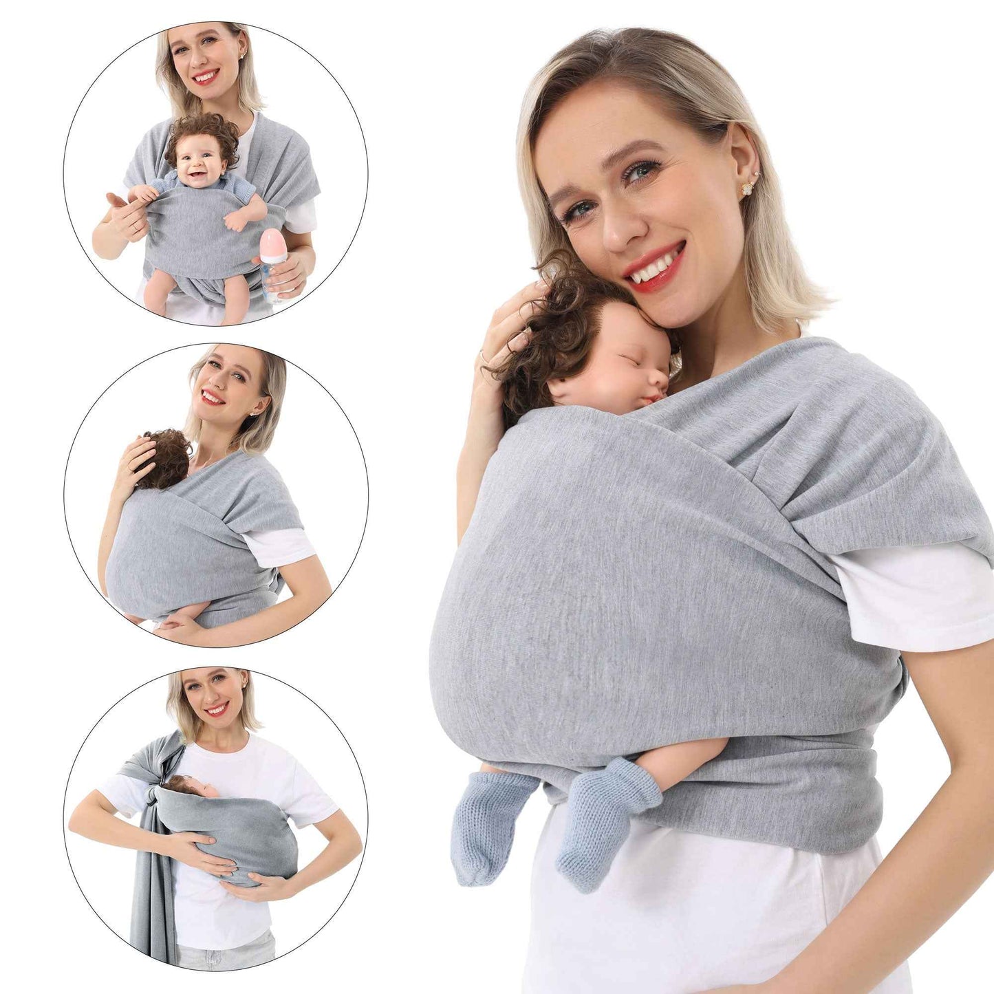 Sarah Express Multi-Functional Baby Carrier Front & Back Wrap - Ergonomic Infant Sling Light Grey